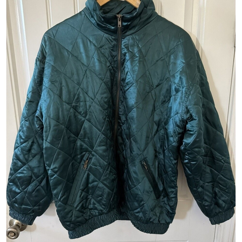 Robert Stock Men’s Vintage Silk Bomber Jacket L Teal Green Quilted